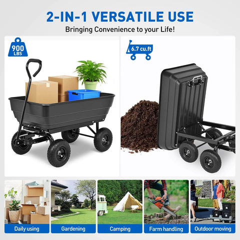 Steel Garden Cart 900 Lb Dump Wagon with All Terrain Inflatable Wheels for versatile outdoor hauling and gardening.