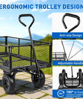 Steel Garden Cart 1100 Lb Dump Wagon with All Terrain Inflatable Wheels ergonomic handle design for easy maneuvering.