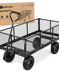 Steel Garden Cart 1100 Lb Dump Wagon with All Terrain Inflatable Wheels beside its packaging, showcasing heavy duty design and utility features.