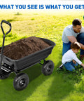 Steel Garden Cart 600 Lb Dump Wagon with All Terrain Inflatable Wheels loaded with dirt on grass, ideal for outdoor hauling.