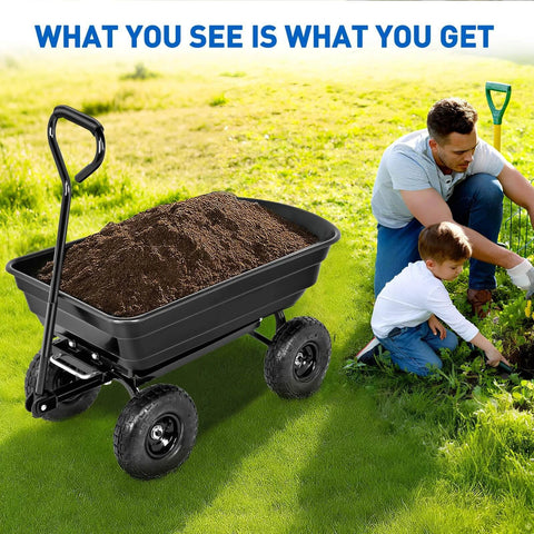 Steel Garden Cart 600 Lb Dump Wagon with All Terrain Inflatable Wheels loaded with dirt on grass, ideal for outdoor hauling.
