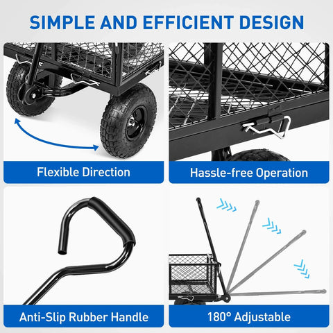 Steel Garden Cart 800 Lb Dump Wagon with All Terrain Inflatable Wheels showing flexible direction, anti-slip handle, and adjustable features.