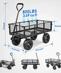 Steel Garden Cart 800 Lb Dump Wagon with All Terrain Inflatable Wheels showing dimensions, 800 lb capacity, and heavy-duty design.