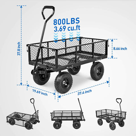 Steel Garden Cart 800 Lb Dump Wagon with All Terrain Inflatable Wheels showing dimensions, 800 lb capacity, and heavy-duty design.