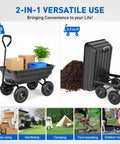 Steel Garden Cart 600 Lb Dump Wagon with All Terrain Inflatable Wheels, heavy duty utility cart in use for gardening and outdoor moving.