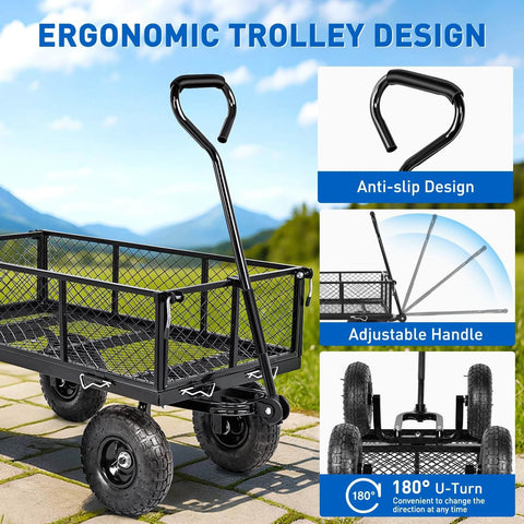 Steel Garden Cart 800 Lb Dump Wagon with All Terrain Inflatable Wheels featuring ergonomic handle and adjustable design.