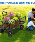 Steel Garden Cart 1100 Lb Dump Wagon with All Terrain Inflatable Wheels carrying potted flowers on green grass.