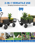 Steel Garden Cart 1100 Lb Dump Wagon with All Terrain Inflatable Wheels, 2 in 1 Convertible Utility Cart shown with plants and boxes.