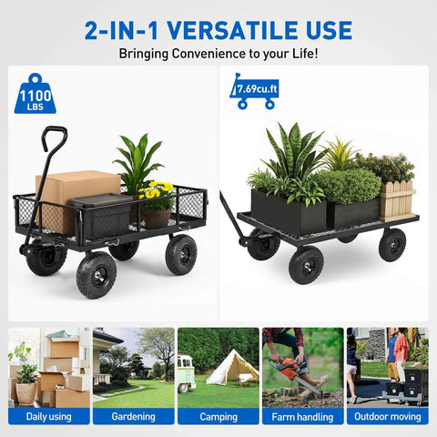 Steel Garden Cart 1100 Lb Dump Wagon with All Terrain Inflatable Wheels, 2 in 1 Convertible Utility Cart shown with plants and boxes.
