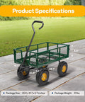 Heavy Duty Mesh Steel Garden Cart Folding Utility Wagon with 880 Lb Capacity, showing package specifications on lawn.