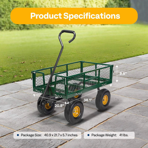 Heavy Duty Mesh Steel Garden Cart Folding Utility Wagon with 880 Lb Capacity, showing package specifications on lawn.