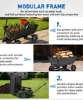 Steel Garden Cart 900 Lb Dump Wagon with All Terrain Inflatable Wheels, modular frame for various surfaces and better load security.