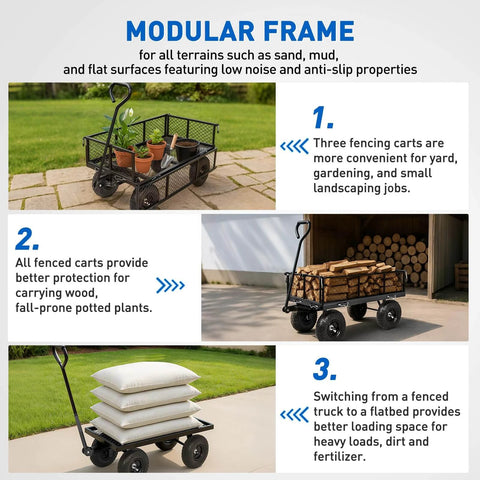 Steel Garden Cart 800 Lb Dump Wagon with All Terrain Inflatable Wheels, modular frame image showcasing versatile use for gardening.