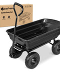 Steel Garden Cart 600 Lb Dump Wagon with All Terrain Inflatable Wheels showcasing black dump cart with swivel handle.