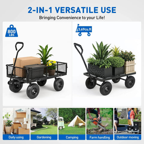 Steel Garden Cart 800 Lb Dump Wagon with All Terrain Inflatable Wheels showing versatility for gardening and outdoor moving.