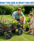 Steel Garden Cart 800 Lb Dump Wagon with All Terrain Inflatable Wheels used by a man and girl planting flowers in a garden.