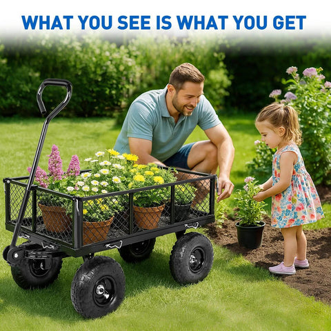 Steel Garden Cart 800 Lb Dump Wagon with All Terrain Inflatable Wheels used by a man and girl planting flowers in a garden.