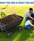 Steel Garden Cart 900 Lb Dump Wagon with All Terrain Inflatable Wheels, filled with soil, used by adults and children outdoors.