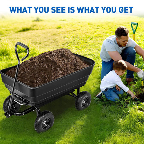 Steel Garden Cart 900 Lb Dump Wagon with All Terrain Inflatable Wheels, filled with soil, used by adults and children outdoors.