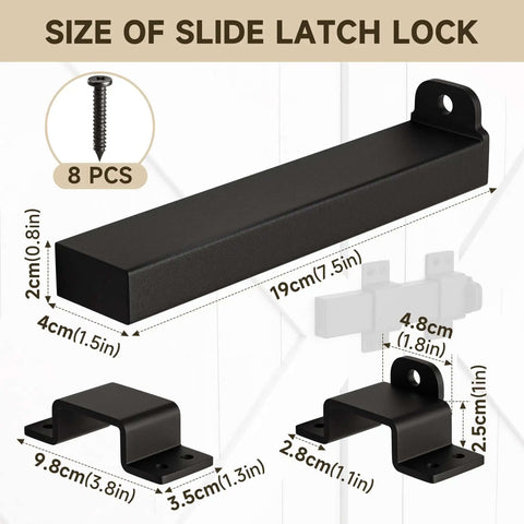 Built Tough Gate Latch With Padlock Hole, showing dimensions and parts for adjustable barn door lock, rustproof steel construction