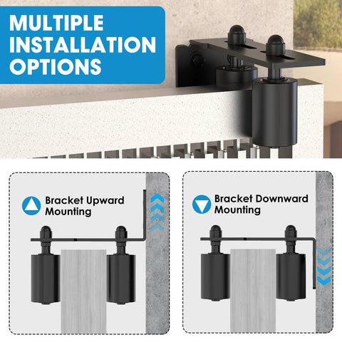 Heavy Duty Slide Gate Roller Guide with Steel L Rear Post Bracket and Adjustable Nylon Roller Kit, installation options shown.