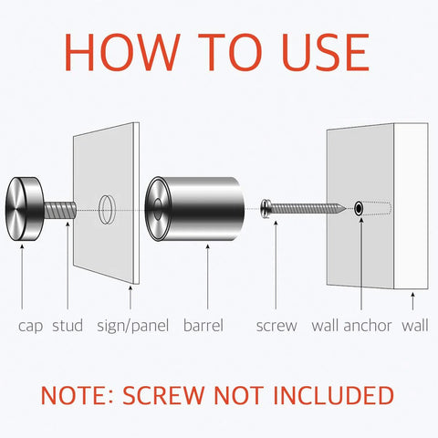 Illustration showing how to use 20 Pieces Stainless Steel Glass Standoffs 19 By 30mm Three Quarters Inch Diameter Sign Mounts With Screws