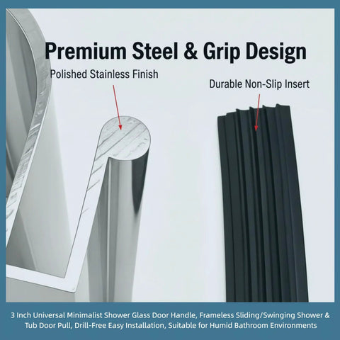 3 Inch Universal Shower Glass Door Handle Replacement For Frameless Doors Fits Sliding And Swing Tub Enclosures With 3 Inch Grip, 1.625 Inch Width, 0.26 Inch Thickness, Includes Rubber Gasket For A Secure, Easy Install, showing polished stainless steel and durable non-slip insert.