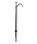 Hand Drum Pump, Steel, 21/32" ID, 3/4" OD shown upright with curved spout and manual handle for liquid transfer from drums.