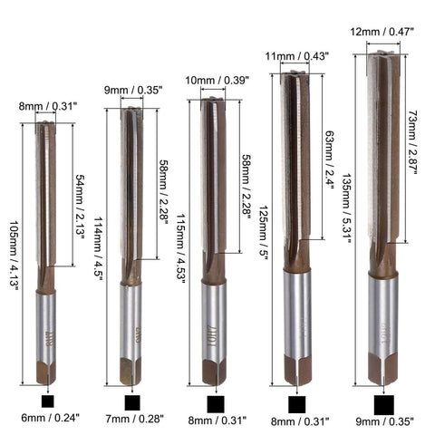 10 Piece Hand Reamer Set 3mm To 12mm H7 Tolerance In Alloy Steel With Straight Flutes shown with sizes and dimensions