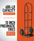 Steel Pneumatic Hand Truck Dolly - 600-Lb. Capacity, 10in. Tires, Powder-Coat Finish, shown standing on orange backdrop.