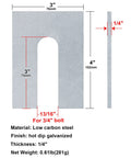Heavy Duty Steel Horseshoe Shim Washers Kit 4 X 3 Inch 1/4 Inch Thick For 3/4 Inch Bolts Pack Of 8 diagram with dimensions