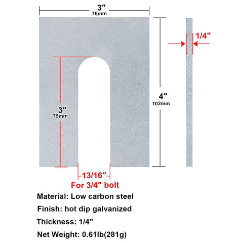 Heavy Duty Steel Horseshoe Shim Washers Kit 4 X 3 Inch 1/4 Inch Thick For 3/4 Inch Bolts Pack Of 8 diagram with dimensions
