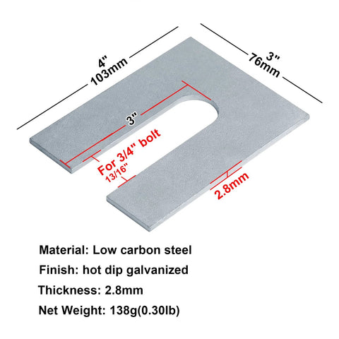 Eight Pack 4 By 3 Inch Steel Horseshoe Shim Washers For Three Quarter Inch Bolts Galvanized One Eighth Inch Thick Low Carbon Steel
