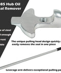 Hub Oil Seal Remover And Seal Puller For Trailer And Truck Axles No Sweat Easy To Use Tool That Safely Removes Hub Seals From Steering Drive And Trailer Axles Without Bearing Damage, showing close-up of metal pulling head and leverage arm.