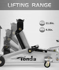 Heavy Duty 2 Ton Floor Jack With Safe Hydraulic Lift For Cars Portable Car Jack 4.9 To 11.8 Inch Lift 3800 Lb Capacity With Built In Safety Bypass Valve And Easy Maneuverability On Two Large Steel Casters TONDA showing lifting range between 4.9in and 11.8in, featuring steel construction and visible wheels for maneuverability.