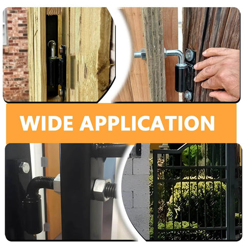 2 Pack Steel J Bolt Hinges With Plate Heavy Duty Welded Hinges for Doors Gates and Driveway Gates shown in various applications.