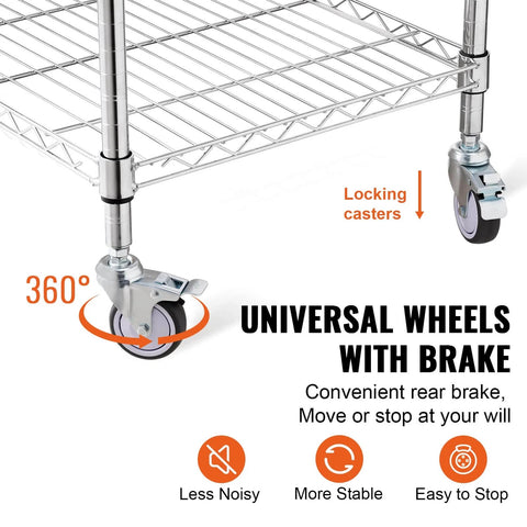 Heavy Duty Kitchen Utility Cart With Three Tiers And 470 Lb Capacity, featuring steel rolling cart brake wheels and wire shelves