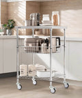 Heavy Duty Kitchen Utility Cart with Three Tiers and 470 lb Capacity, 36.6 Inch by 20 Inch by 24 Inch Steel Rolling Cart with Brake Wheels