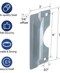 Four Pack Latch Guard Plate Covers 3 By 7 Inches Carbon Steel With Screws Gaskets And Nuts Easy To Install Door Lock Protector Striker Cover For Outswing Exterior Doors Included Pack Of Four For Multiple Doors with dimensions and features