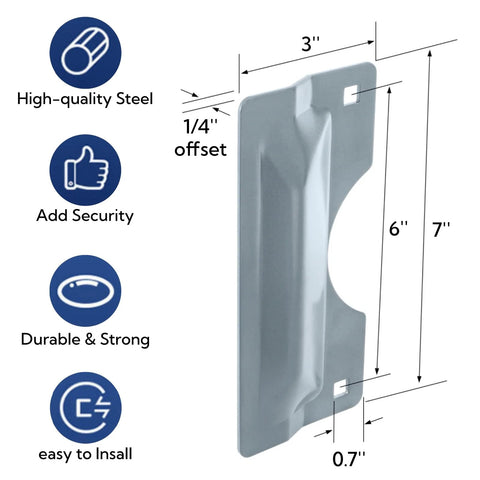Four Pack Latch Guard Plate Covers 3 By 7 Inches Carbon Steel With Screws Gaskets And Nuts Easy To Install Door Lock Protector Striker Cover For Outswing Exterior Doors Included Pack Of Four For Multiple Doors with dimensions and features