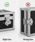 Sturdy 304 stainless steel latch set with a compact 2x1.5 inch footprint, four-pack showing correct and incorrect use on cases.