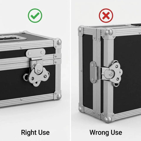 Sturdy 304 stainless steel latch set with a compact 2x1.5 inch footprint, four-pack showing correct and incorrect use on cases.