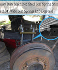 Heavy Duty 2.5 Degree Steel Shims for Universal Suspension Axles installed on leaf spring system under vehicle