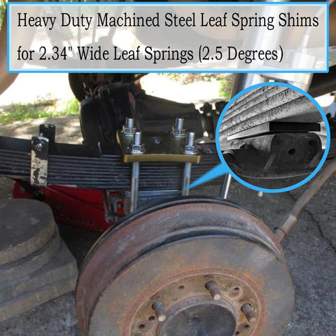 Heavy Duty 2.5 Degree Steel Shims for Universal Suspension Axles installed on leaf spring system under vehicle