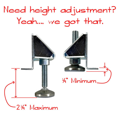Beefy Heavy Duty Leveling Feet For Workbenches And Machinery with Steel Adjustable Levelers, lock nuts, and 3/4" to 2-1/4" height range.