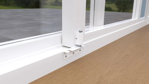 Flap Slidelock Heavy Duty Steel Lock For Sliding Glass Doors And Windows Durable Reinforced Construction For Pet Door Panels And Home Security Easy Install And Long Lasting Protection installed on white sliding glass door