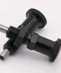 Two black steel plungers, 2 Pack Push Fit Ball Nose Spring Plungers With M12x1.5 Threads, ideal for industrial equipment.