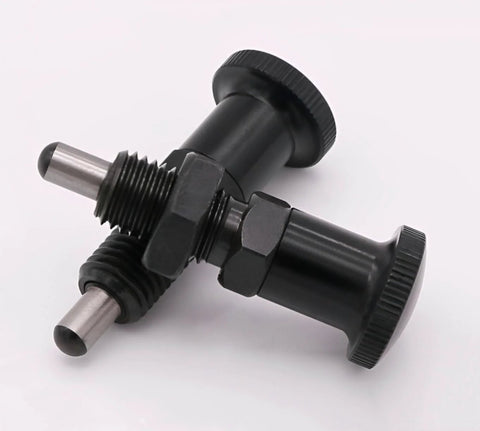 Two black steel plungers, 2 Pack Push Fit Ball Nose Spring Plungers With M12x1.5 Threads, ideal for industrial equipment.