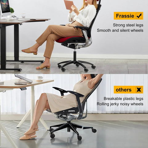 Comparison of strong steel legs with smooth wheels and breakable plastic legs with jerky wheels on office chairs