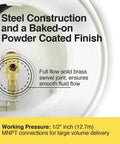 Close-up of Retractable Oil Hose Reel With One Half Inch By Fifty Foot Premium SAE 100 R1AT Hose Max 2320 Psi showing brass swivel joint.